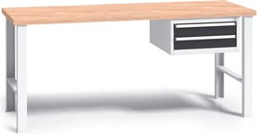 Pracovný stôl do dielne G3 so závesným boxom na náradie, buková škárovka, 2 zásuvky, pevné kovové nohy, 1700 mm, grafit