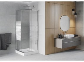 Mexen Rio, štvorcový sprchovací kút s posuvnými dverami 80 x 80 cm, 6mm číre sklo/pásy, chrómový profil + biela vysoká sprchová vanička Rio, 860-080-080-01-20-4510