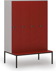 Drevená šatníková skrinka S4 s lavičkou, 4 oddiely, 1871 x 1200 x 500/800 mm, demont, mechanický kódový zámok, sivá / červená