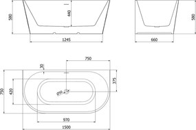 Mexen Oris, voľne stojaca ryhovaná vaňa 150 x 75 cm, biela-šedá, zlatý lesklý prepad, 52871507562-50