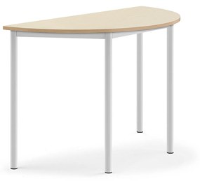 Stôl SONITUS, polkruh, 1200x600x760 mm, HPL - breza, biela