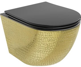 Mexen Lena WC misa Rimless s pomaly padajúcim sedátkom, duroplast, Čierna matná/Zlatá vzor rybích šupín - 30224078