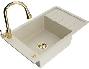Mexen Elias, 1-komorový granitový drez 795x480x200 mm a drezová batéria Elia, béžová, 6511-69-670101-50