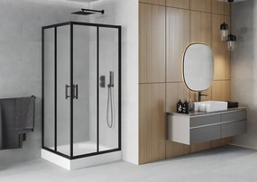 Mexen Rio, štvorcový sprchovací kút s posuvnými dverami 90(dvere) x 90(dvere) x 190 cm, 6mm sklo námraza, čierny profil + biela sprchová vanička RIO, 860-090-090-70-30-4510
