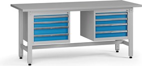 Výškovo nastaviteľný dielenský stôl G5, 1800 x 750 x 800-1000 mm, 2x kontajner, 8 zásuviek, modrá