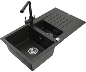 Mexen Matias, granitový drez 900x505x200 mm, 1,5-komorový a čierna batéria Duero, čierna-zlatá metalíza, 6502-75-671600-70