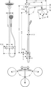 Hansgrohe Croma, Showerpipe 220 1jet EcoSmart 9 l/min s termostatom, chrómová, HAN-27188000