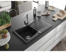 Mexen Cesar, granitový drez 775x470x190 mm, 1-komorový, čierna s chrómovým sifónom a chrómová drezová batéria Rita, 6514-77-670300-00