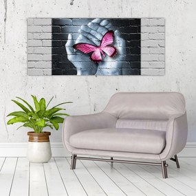 Obraz - Ružový motýľ v stene (120x50 cm)