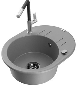 Mexen Kevin, 1-komorový granitový drez 586x458x190 mm a drezová batéria Flora, šedá, 6517-71-670401-07-B
