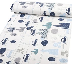 Biante Detské bavlnené posteľné obliečky do postieľky Sandra SA-685 Modré autá medzi stromami na bielom Do postieľky 90x120 a 40x60 cm