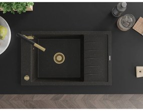 Mexen Elias, 1-komorový granitový drez 795x480x200 mm a drezová batéria Flora, čierna-zlatá metalíza, 6511-75-670401-57-G