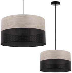 Závesné svietidlo Wood, 1x svetlobéžová dubová dýha/čierne PVC tienidlo, (fi 35cm)