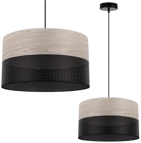 Závesné svietidlo Wood, 1x svetlobéžová dubová dýha/čierne PVC tienidlo, (fi 35cm)