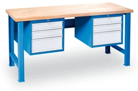 Dielenský pracovný stôl GD s 2 závesnými boxami na náradie, buková škárovka, 6 zásuviek, 2000 x 685 x 850 mm, modrá