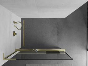 Mexen Kioto+ L, sprchová zástena Walk-In s poličkou a vešiakom 100 x 200 cm, 8mm číre sklo čierny vzor, zlatý matný profil, 800-100-123-55-70