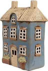 Modrý keramický svietnik na čajovú sviečku domček Amster Village - 16*10*23 cm