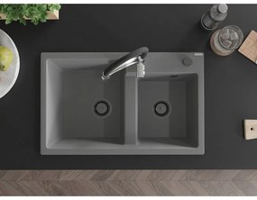 Mexen Tomas, 2-komorový granitový drez 800x500x190 mm a drezová batéria Aster, šedá, 6516-71-73450-07-B