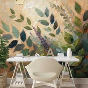 Tapeta maľované zelené listy na béžovom pozadí