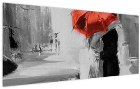 Obraz - Zamilovaný pár pod dáždnikom, červený (120x50 cm)