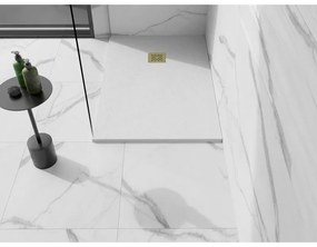 Mexen Stone+, obdĺžniková vanička z minerálneho kompozitu 140 x 90 cm, biela, zlatá lesklá krytka, 44109014-G