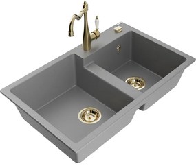 Mexen Tomas, granitový drez 800x500x190 mm, 2-komorový a drezová batéria Carla, šedá, 6516-71-670700-50