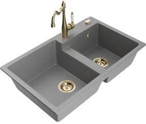 Mexen Tomas, granitový drez 800x500x190 mm, 2-komorový a drezová batéria Carla, šedá, 6516-71-670700-50