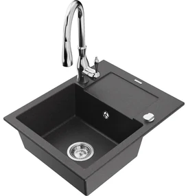 Mexen Enzo, 1-komorový granitový drez 576x465x174 mm a drezová batéria Savita, čierna škvrtnitá, 6506-76-672601-00