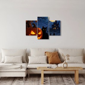 Obraz - Čierna mačka pri svietiacej tekvici na Halloween (90x60 cm)