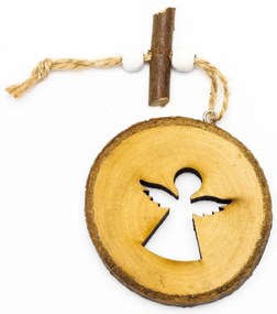 DECOLED Závesná drevená dekorácia, anjel v kolese, 7 cm