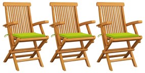 Záhradné stoličky, jasnozelené podložky 3 ks, tíkový masív