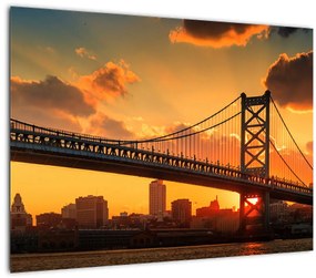 Obraz - Západ slnka nad mostom Bena Franklina, Filadelfia (70x50 cm)