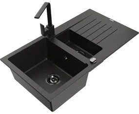 Mexen Matias, granitový drez 900x505x200 mm, 1,5-komorový a čierna batéria Rita, čierna-zlatá metalíza, 6502-75-670300-70-B
