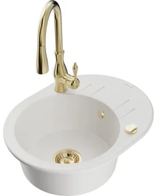 Mexen Kevin, granitový drez 586x458x190 mm, 1-komorový a drezová batéria Savita, biela, 6517-20-672601-50