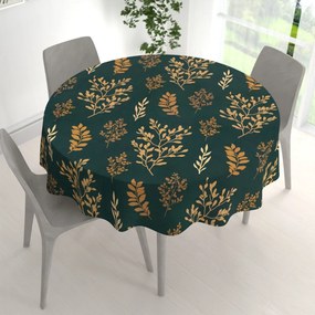 Biante Bavlnený okrúhly obrus Sandra SA-742 Zlaté vetvičky s lístkami na tmavo zelenom Ø 60 cm