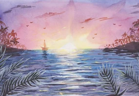 Fototapeta - Západ slnka nad vodou, aquarel (147x102 cm)