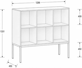 Regál FRAME, nízky, s čiernou podnožou, 1299 x 450 x 1331 mm, orech