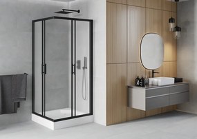 Mexen Rio, štvorcový sprchovací kút s posuvnými dverami 90(dvere) x 90(dvere) x 190 cm, 6mm sklo námraza, čierny profil + biela sprchová vanička RIO, 860-090-090-70-30-4510