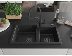 Mexen Tomas, 2-komorový granitový drez 800x500x190 mm  a kuchynská batéria Duo, čierna-strieborná metalíza, 6516-73-671701-70-B