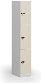 Šatníková skrinka S1 s úložnými boxmi, 3 boxy, 1850 x 300 x 500 mm, mechanický kódový zámok, laminované dvere, breza