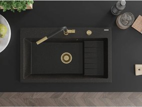 Mexen Omar, 1-komorový granitový drez 800x480x210 mm, čierna-zlatá metalíza, zlatý sifón, 6520801005-75-G