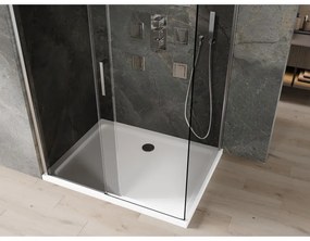 Mexen Omega, sprchový kút s posuvnými dverami 140 (dvere) x 90 (stena) cm, 8mm šedé sklo, chrómový profil + slim sprchová vanička biela + chrómový sifón, 825-140-090-01-40-4010