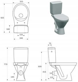 Cersanit Cersania SimpleOn 010 - WC kombi 3/6l + sedátko s pomalým zatváraním z duroplastu, horizontálny odpad, biela, K11-2339