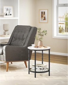 Okrúhly príručný stolík, 2-úrovňový, so sklenenou poličkou, mramorový efekt