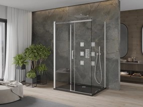 Mexen Omega, 3-stenový sprchovací kút s posuvnými dverami 140 (dvere) x 100 (stena) x 190 cm, 8mm číre sklo, chrómový profil + čierna sprchová vanička SLIM, 825-140-100-01-00-3S-4070