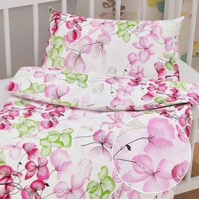 Biante Detské bavlnené posteľné obliečky do postieľky Sandra SA-366 Ružovo-zelené kvety na bielom Do postieľky 90x130 a 40x60 cm