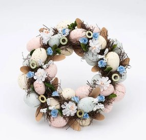 DECOLED Veľkonočný veniec na dvere 30 × 30 × 8 cm, modré kvety a vajíčka, vonkajší