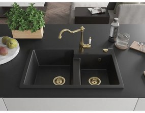Mexen Tomas, granitový drez 800x500x190 mm, 2-komorový a drezová batéria Carla, čierna, 6516-77-670700-50