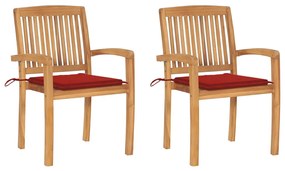 Záhradné stoličky 2 ks, červené podložky, tíkový masív