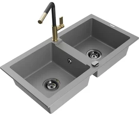 Mexen Mario, 2-komorový granitový drez 820x436x161 mm a drezová batéria Flora, šedá, 6504-71-670401-57-B